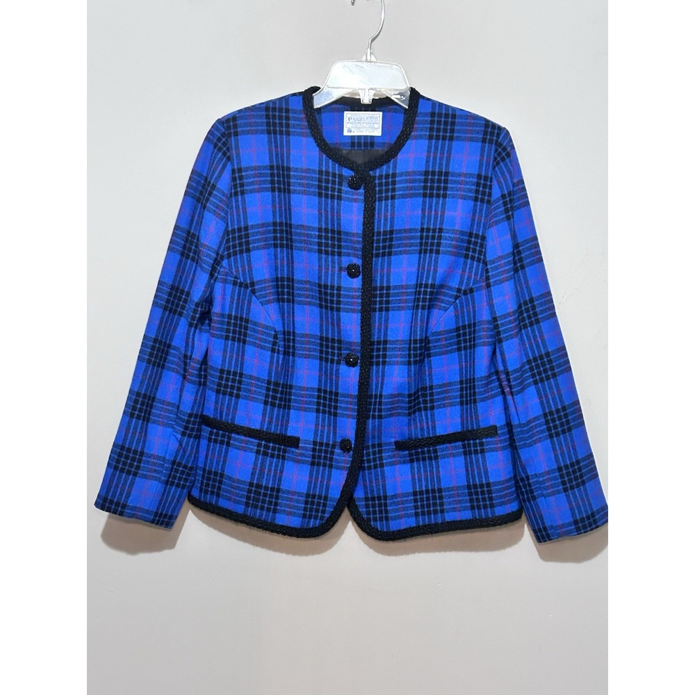 Pendleton Women's 14W Blazer Jacket Blue Tartan Plaid‎ 100% Virgin Wool USA Made
